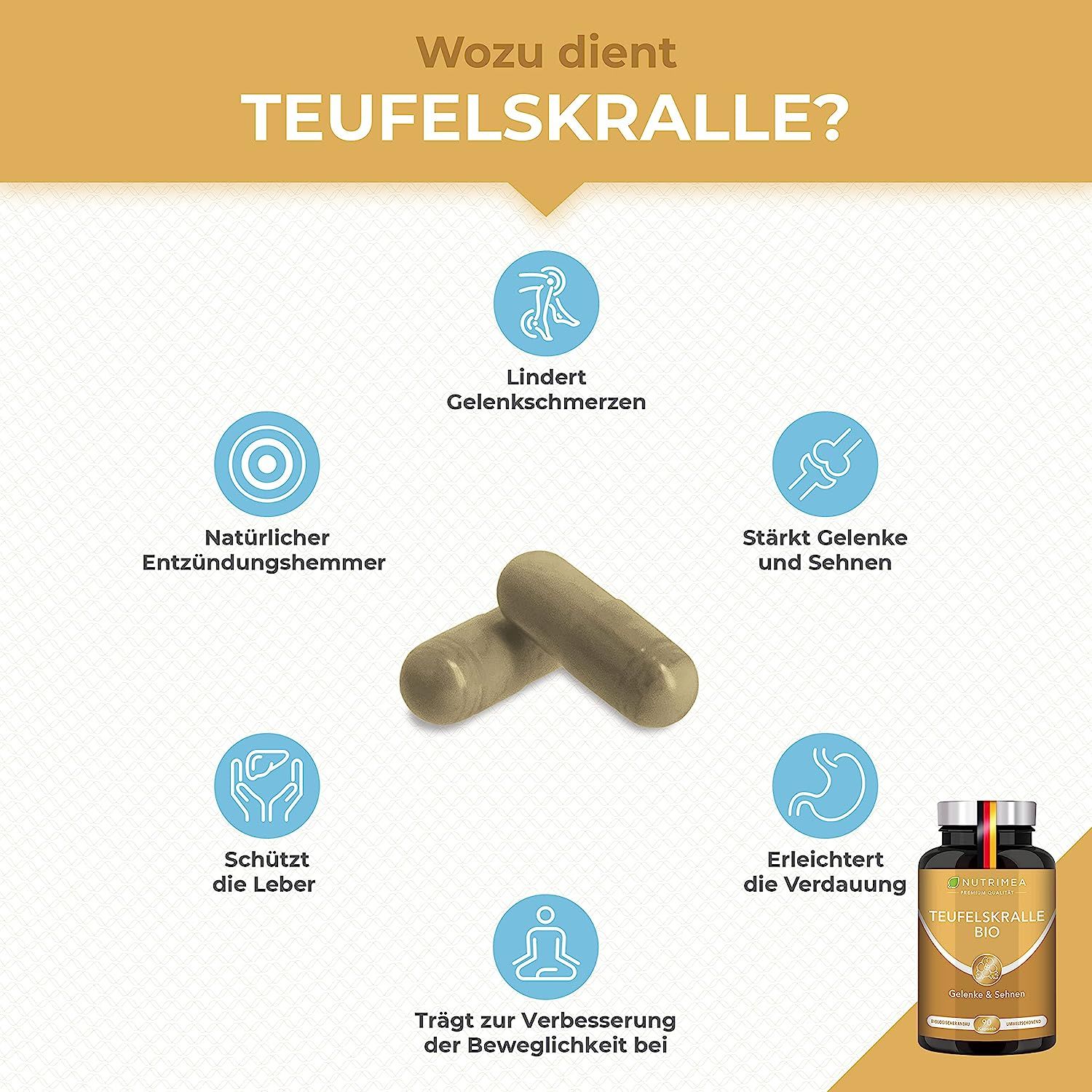 Twee bruine capsules. Grafische weergave van de voordelen van duivelsklauw: verlicht gewrichtspijn, ontstekingsremmend, versterkt gewrichten.