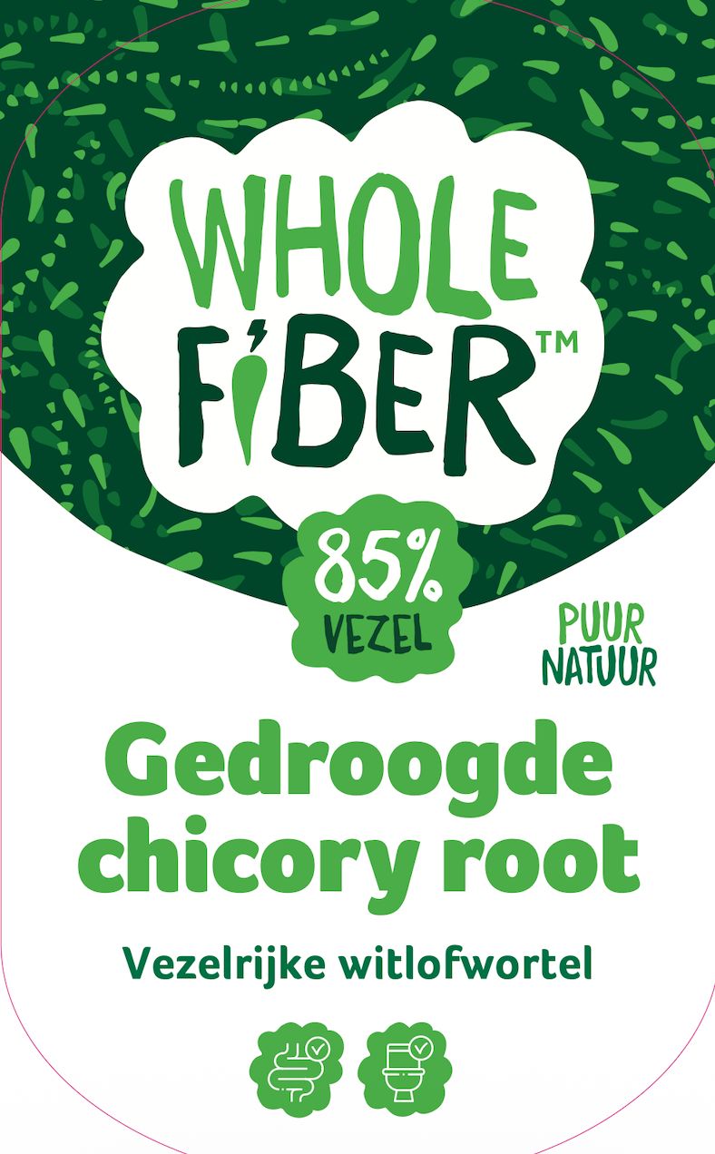 Étiquette avec logo "WholeFiber" et "Gedroogde chicory root". Logos "85% Vezel" et "Puur Natuur" inclus.
