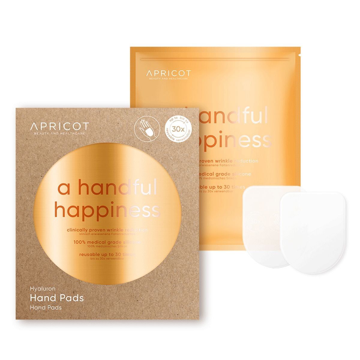 Verpakking met handpads. Opschrift: APRICOT, a handful happiness, Hyaluron Hand Pads. 30 behandelingen.