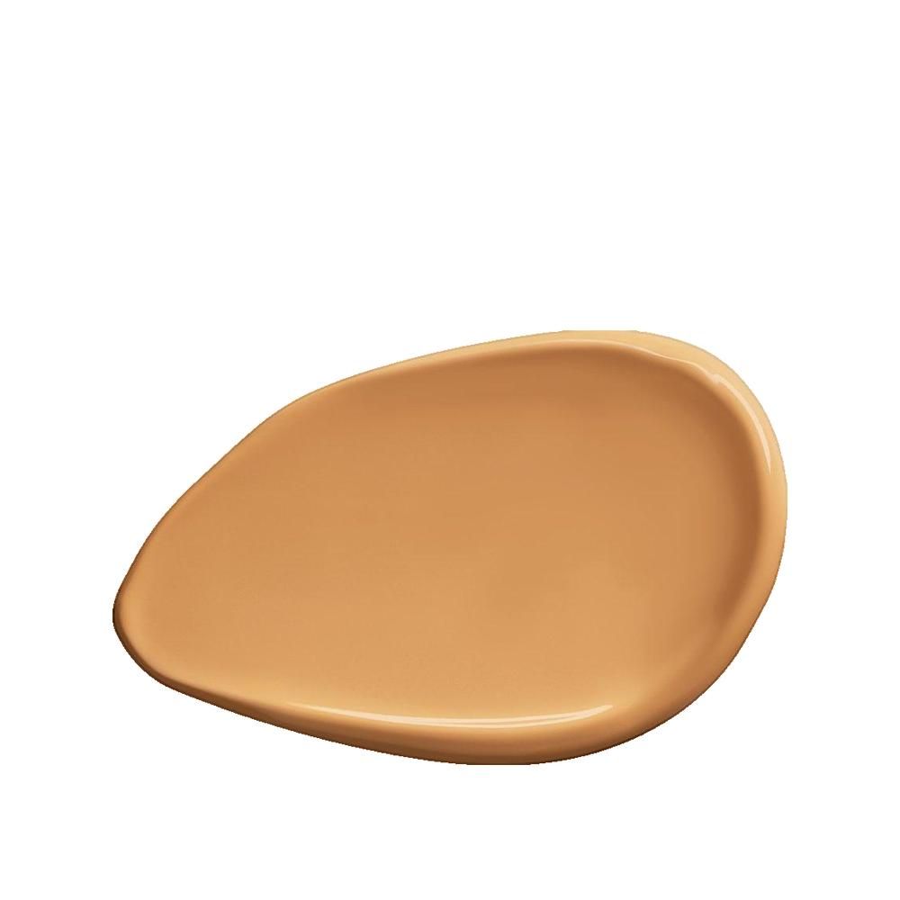 Huidkleurige foundation-staal. Vloeibare textuur, ovale vorm. Op lichte achtergrond.