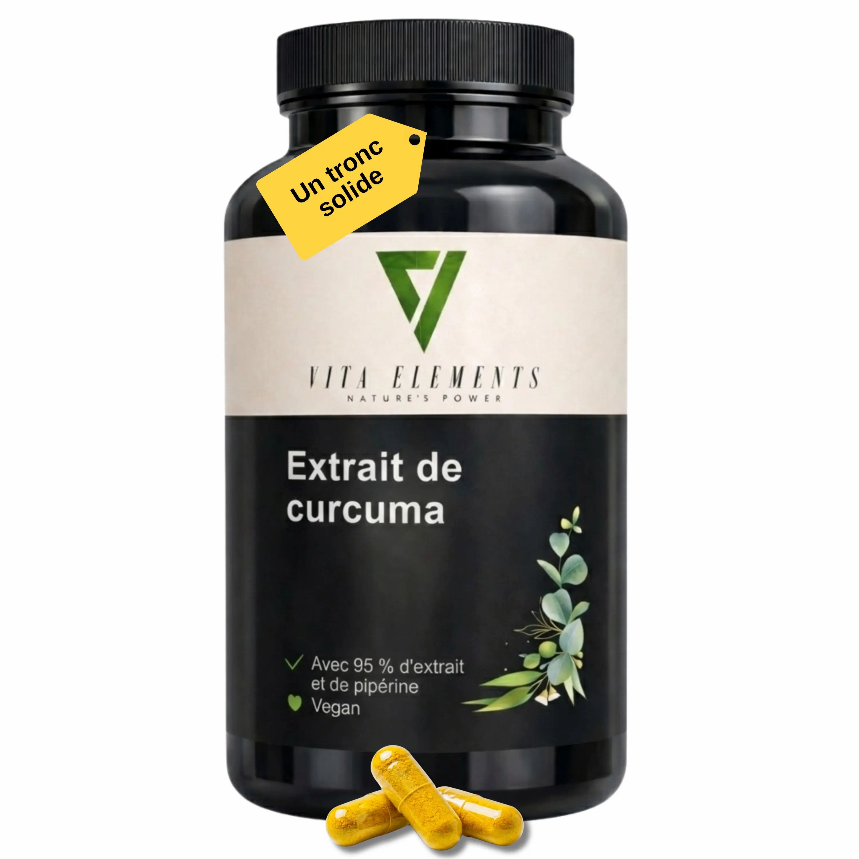 Vita Elements Curcuma Extrait: Flacon avec étiquette jaune 'Un tronc solide'. Contient 95% d'extrait & pipérine. Vegan.