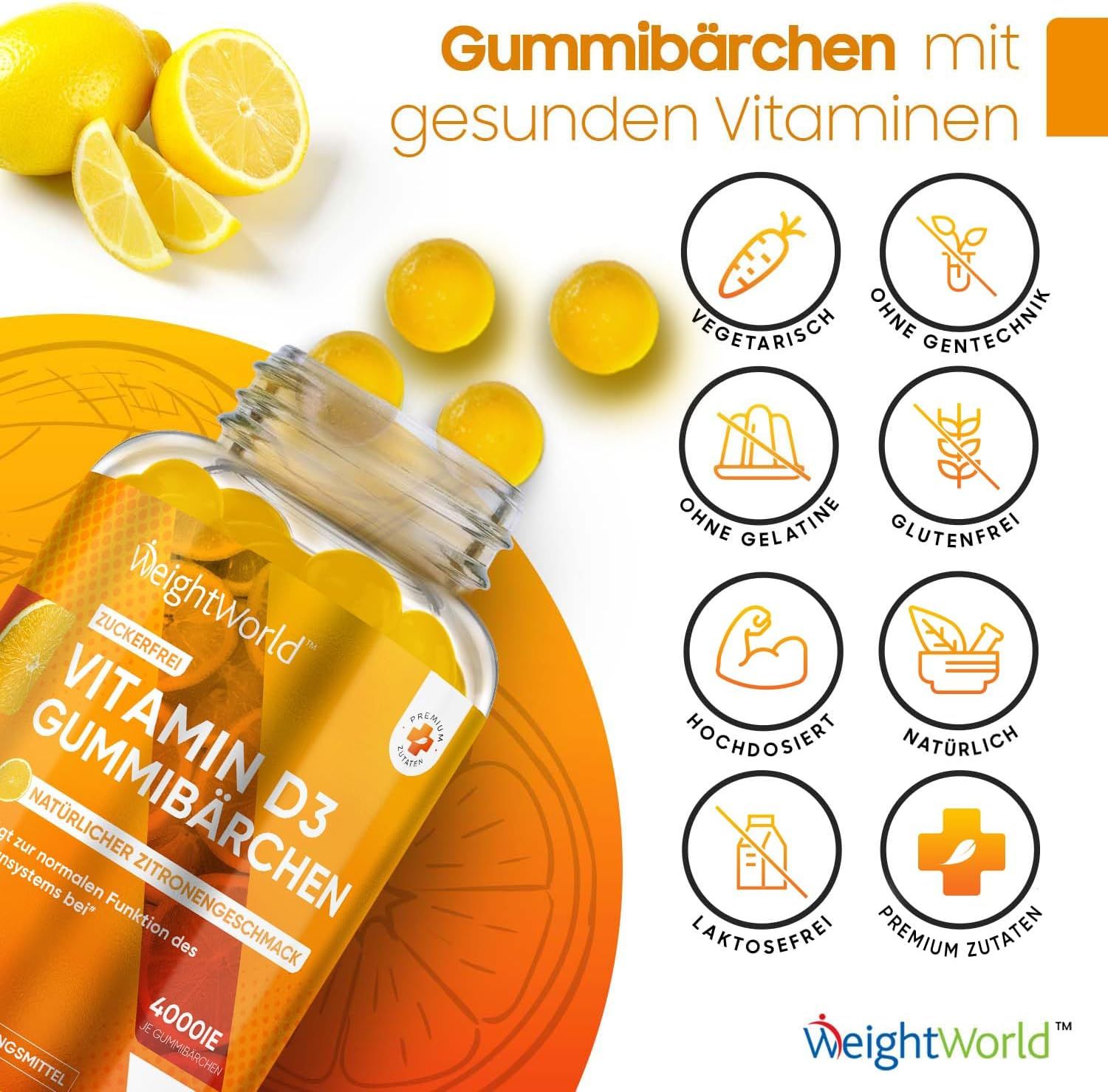 Gommes et citrons à côté d'un flacon. Flacon avec inscription: Vitamin D3 Gummibärchen, 4000 IE, 120 gommes.