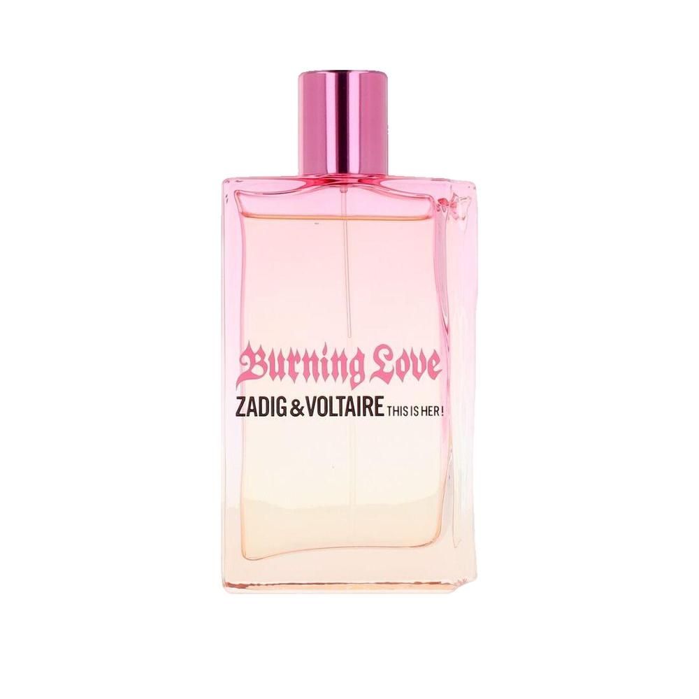 Roze verlopende fles. Opschrift: Burning Love, Zadig & Voltaire, THIS IS HER!. Roze dop.