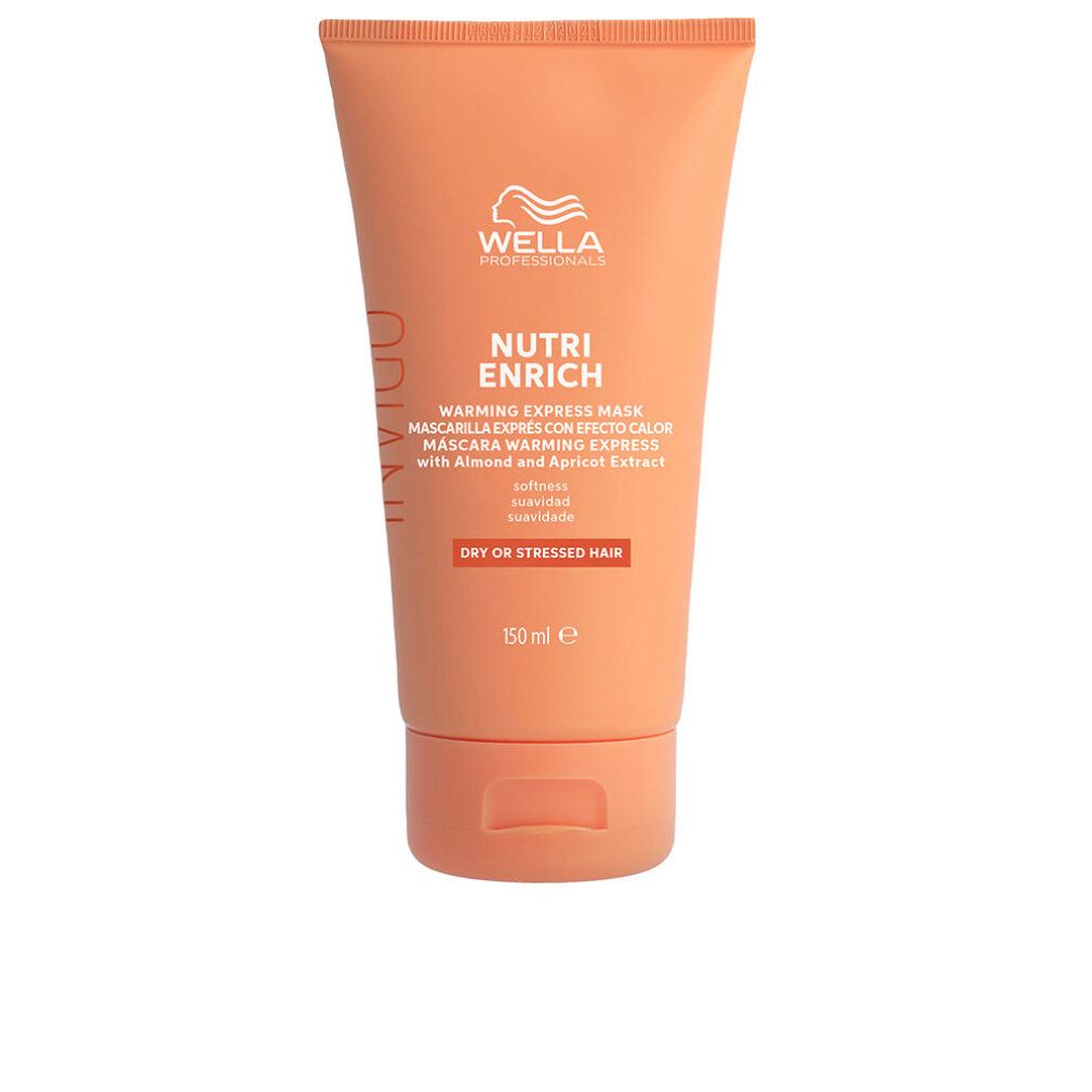 Tube orange avec nom et logo du produit. Texte: Nutri Enrich, Masque Express Chauffant, avec extrait d'amande et d'abricot. Pour cheveux secs ou abîmés.