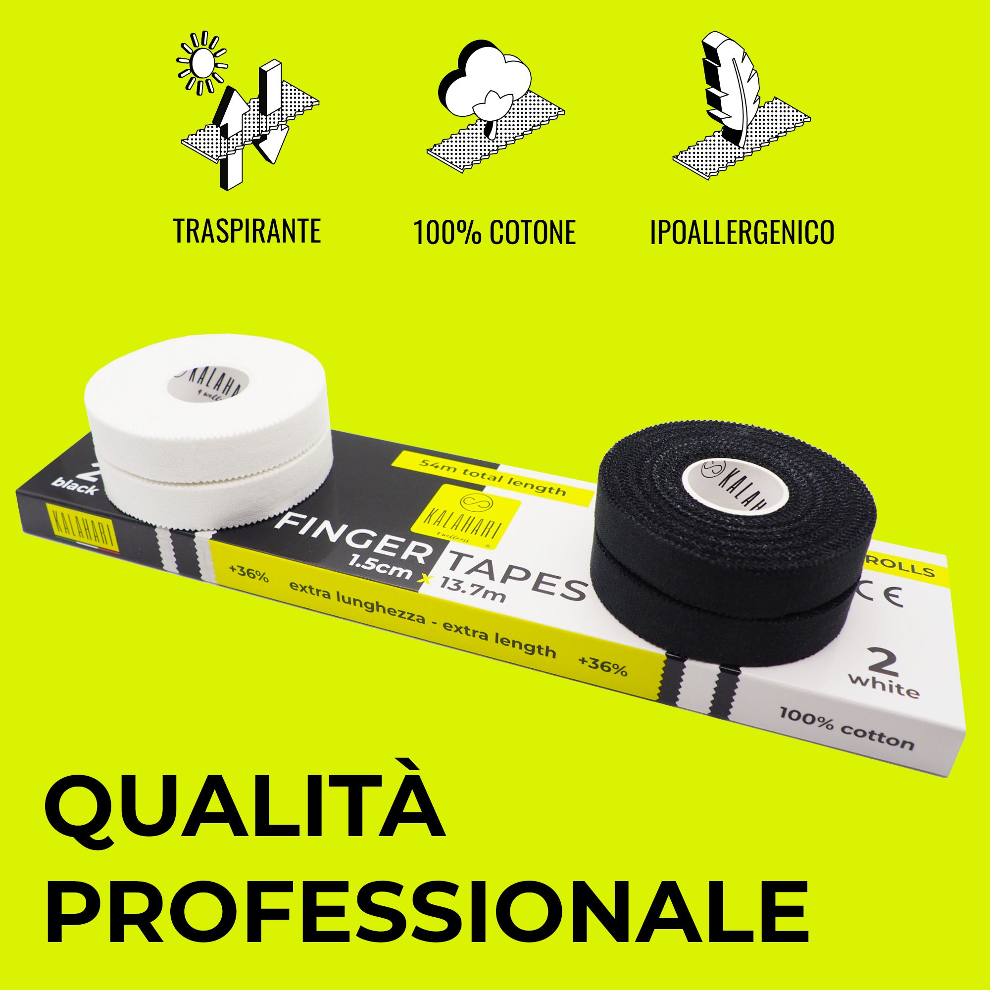 Deux rouleaux de ruban pour doigts (blanc, noir) sur emballage jaune avec icônes : respirant, coton, hypoallergénique.