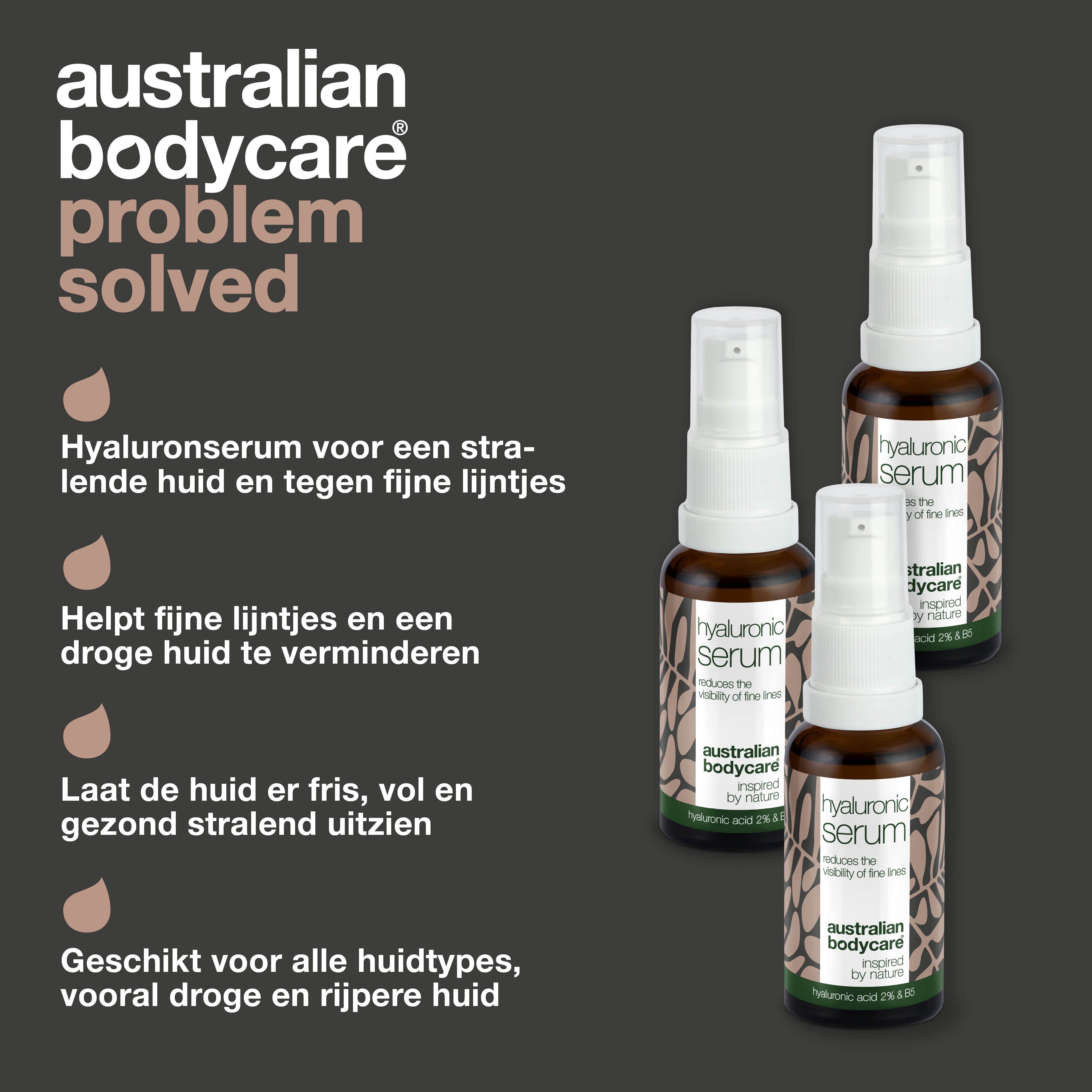 Productpresentatie met serumflessen. Opschrift: Hyaluronic Serum, Australian Bodycare.