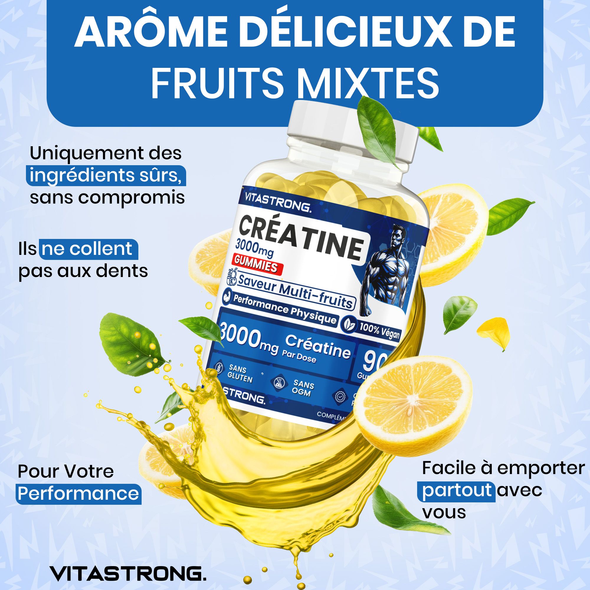 Vitastrong Creatina Gommose. Gummies, citroen en vloeistof. Tekst: veilige ingrediënten, gemakkelijk mee te nemen.