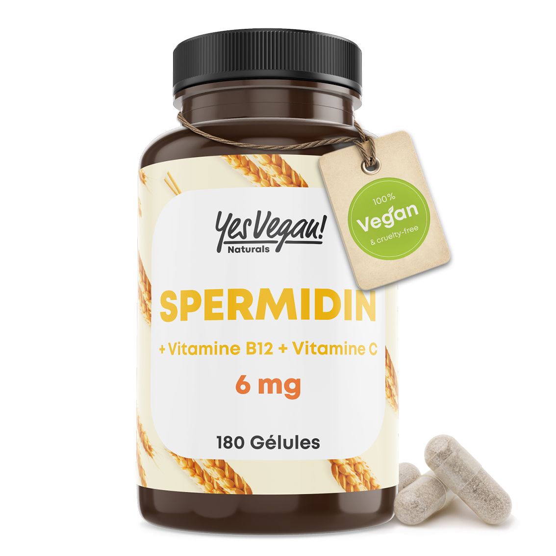 Bouteille avec étiquette jaune, Spermidine, Vitamine B12, C. Avec sceau vegan et 180 gélules.