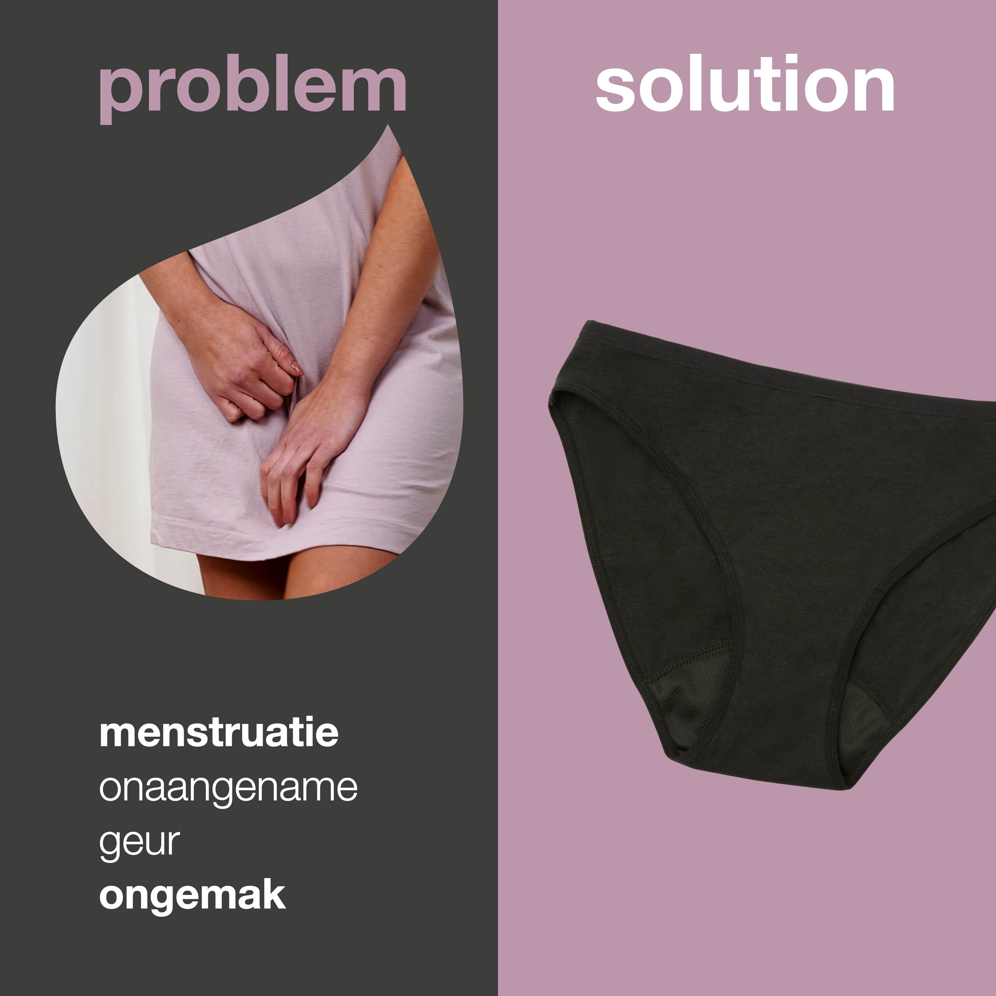 Probleem: menstruatie, onaangename geur, ongemak. Oplossing: zwart menstruatiebroekje.