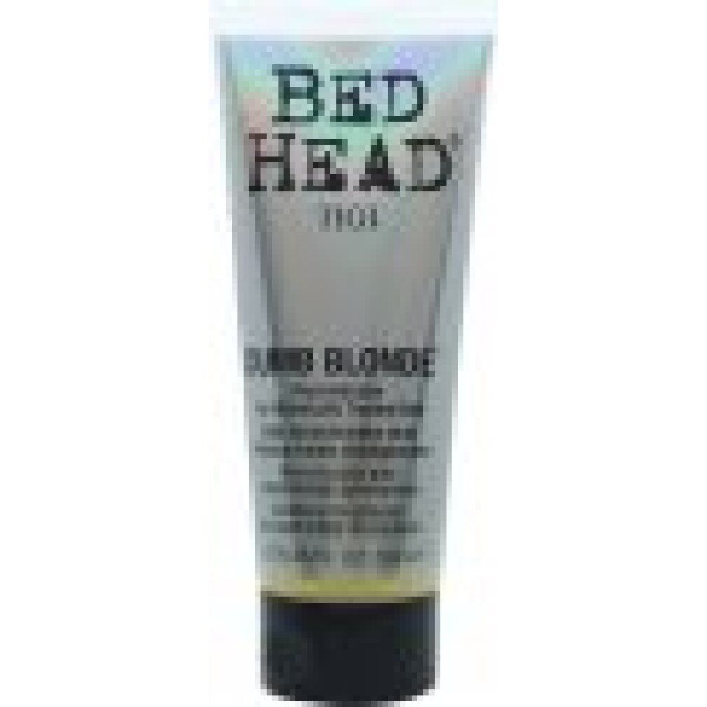 Tube de Tigi Bed Head Dumb Blonde. Texte: Reconstructor for Chemically Treated Hair. Contenance 200 ml. Bouchon noir. Aspect irisé.