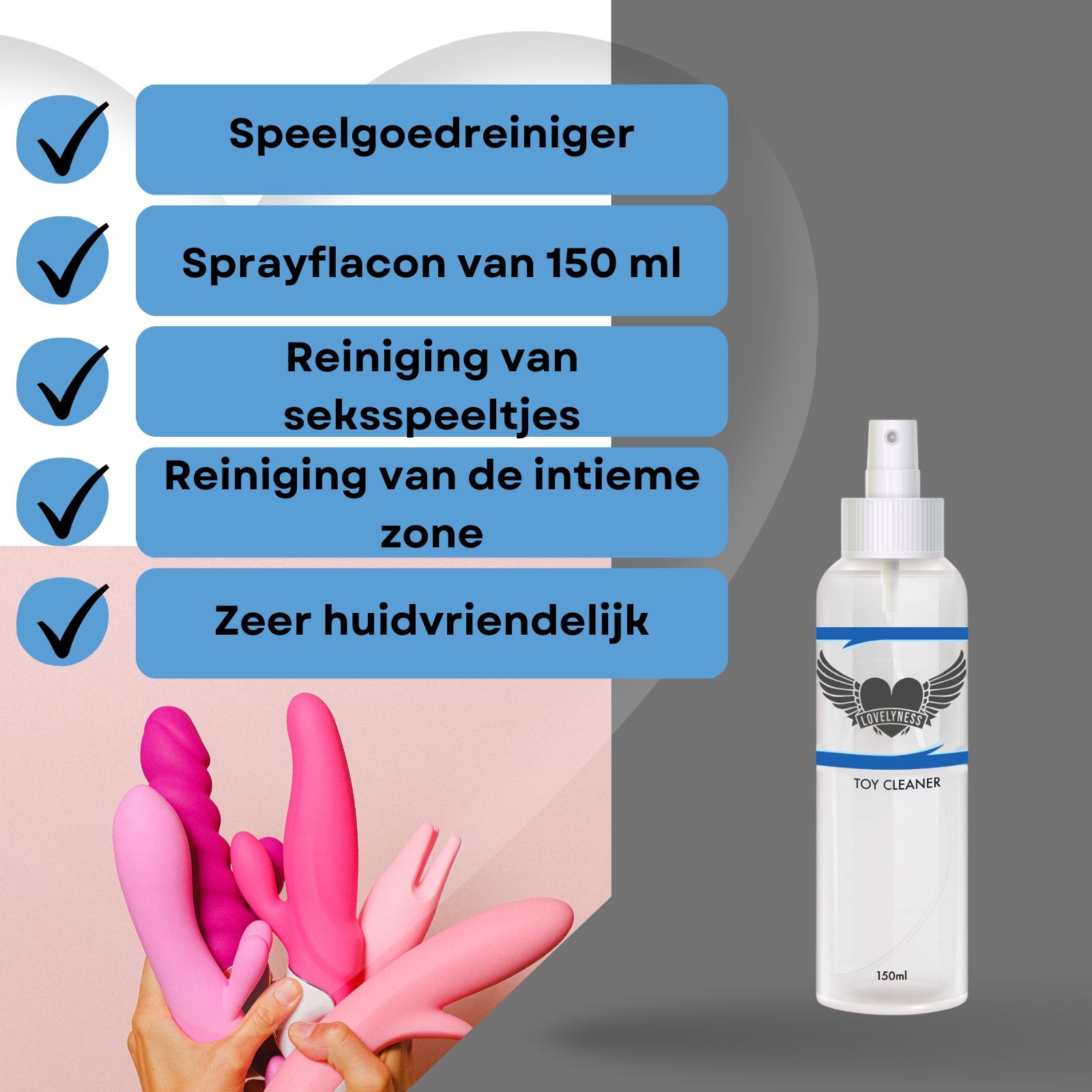 Sprayfles met "TOY CLEANER". Bevat reiniger voor seksspeeltjes en intieme zone. Verschillende seksspeeltjes.