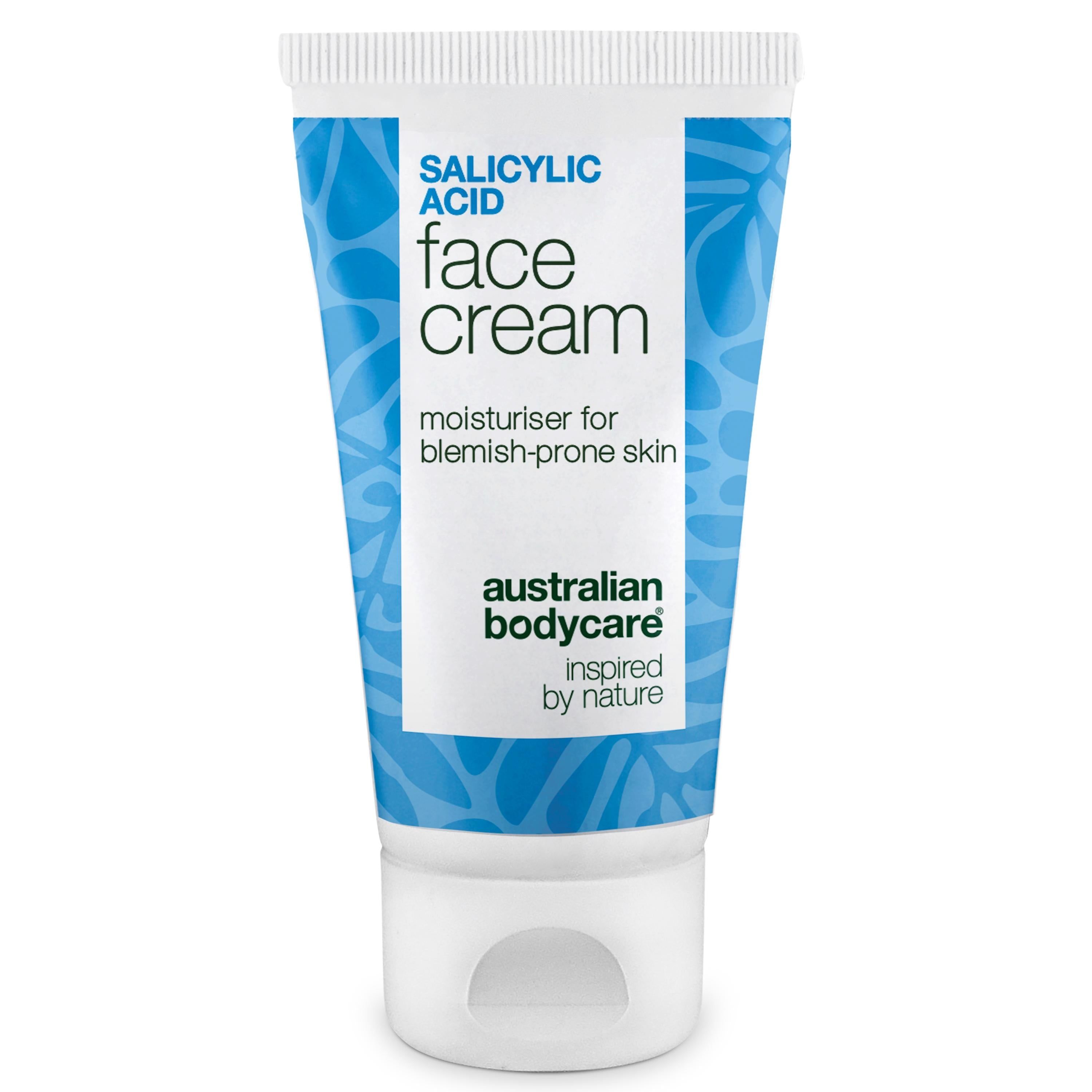 Crèmetube met tekst "SALICYLIC ACID face cream". Tekst: "moisturiser for blemish-prone skin". Merk: australian bodycare.