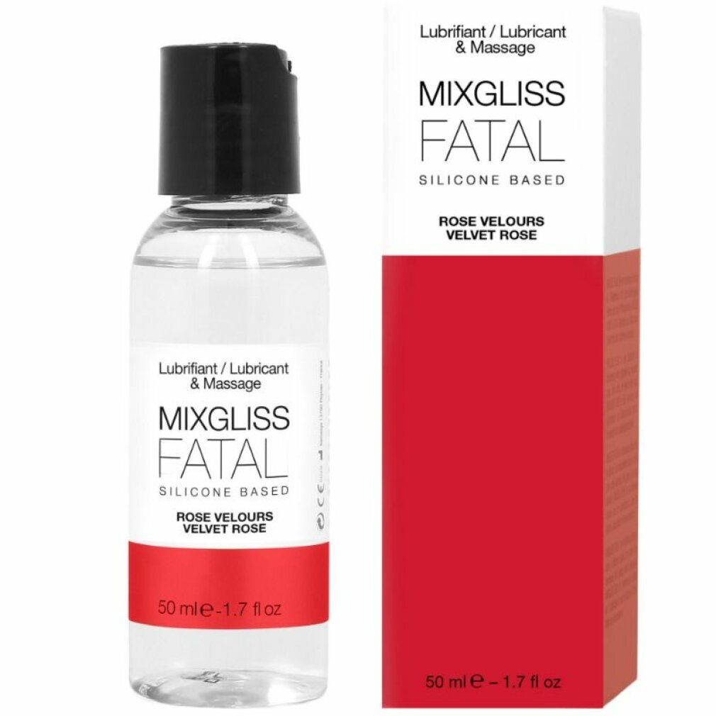 Flacon de liquide avec bouchon noir et emballage rouge. Inscription : Mixgliss Fatal, Rose Velours.