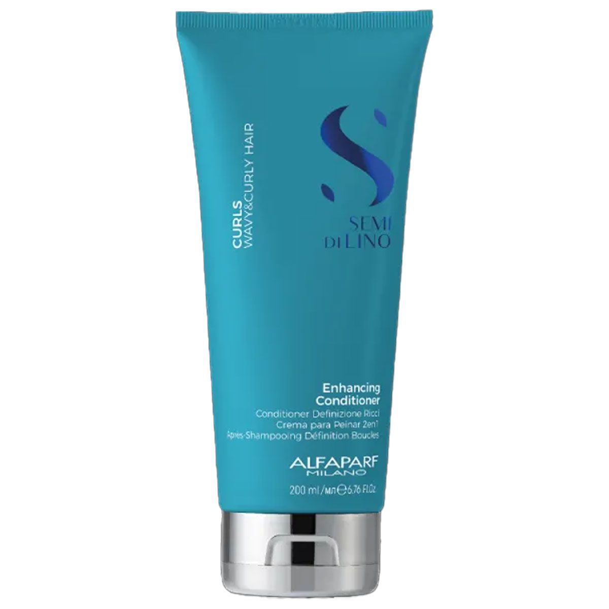 Tube turquoise avec bouchon argenté, Alfaparf Milano Enhancing Conditioner pour cheveux bouclés.