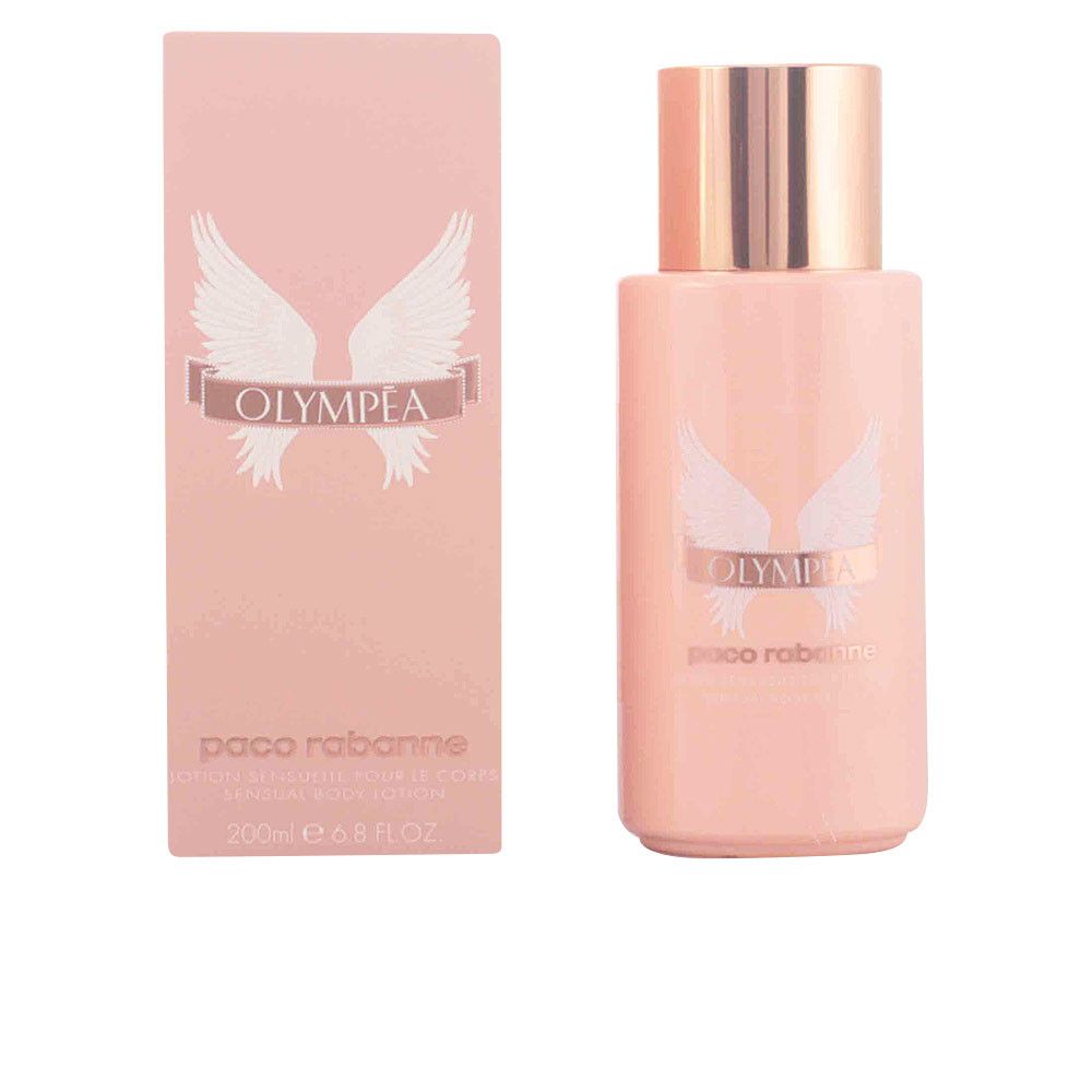 Flacon et boîte de lotion corporelle rose. Inscription Olympea, Paco Rabanne. 200ml.