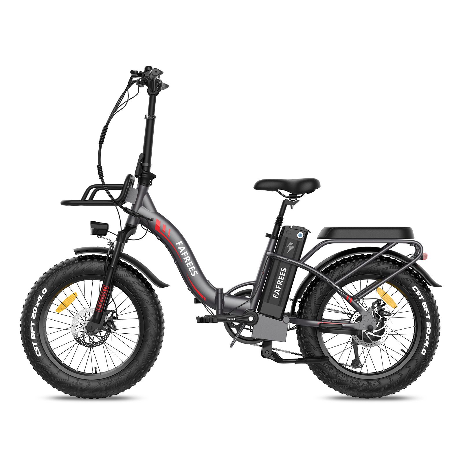 Opvouwbare elektrische fiets Fafrees F20 Max, grijs met rode accenten. Zwarte banden, bagagerek en mand. Merk zichtbaar.