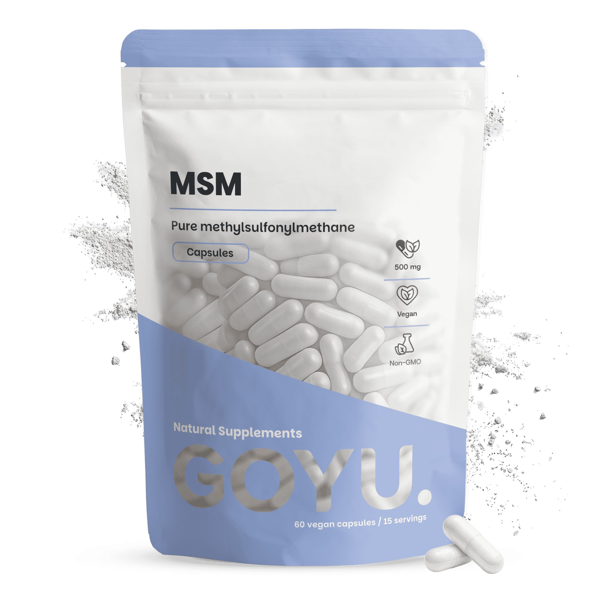 Gélules GOYU MSM : 60 gélules végétales de méthylsulfonylméthane pur (500 mg). Végétalien et sans OGM.