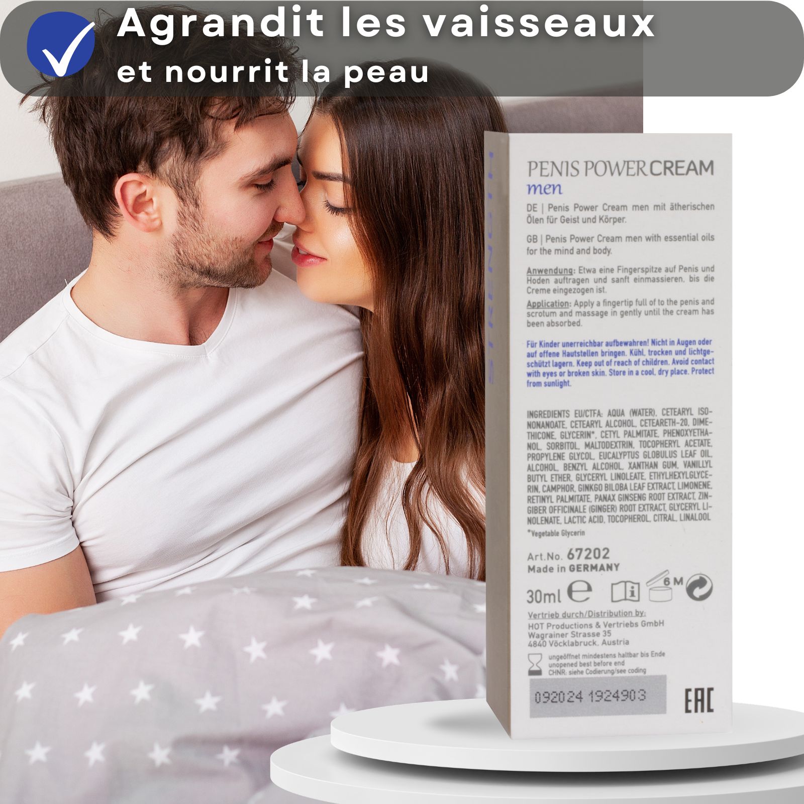 Tube de Shiatsu Penis Power Creme, bleu, avec motif mandala, texte et sceau.