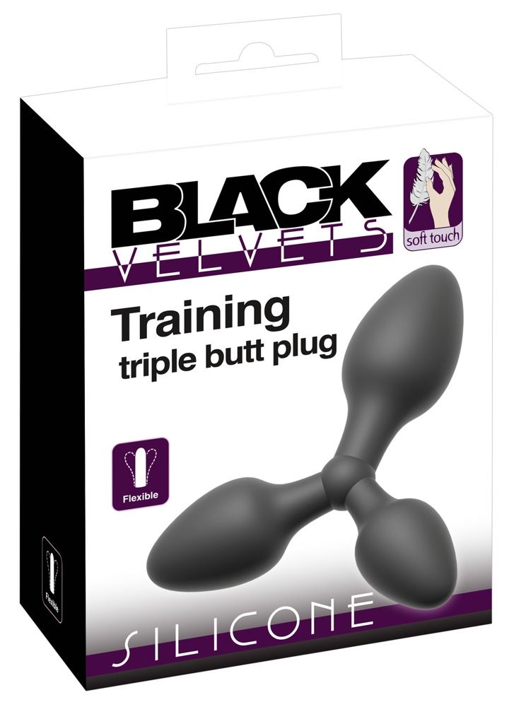 Zwarte, drievoudige anale plug in verpakking. Opschrift: Black Velvets, Training, Silicone. Flexibel.