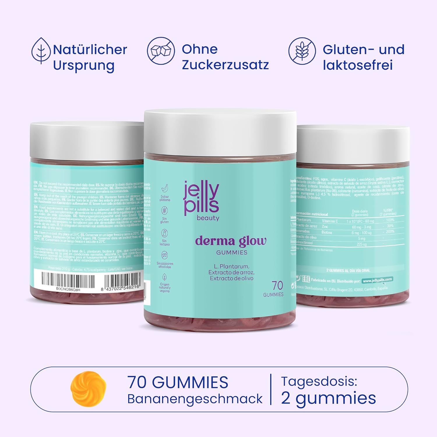 Drie potten Jelly Pills Derma Glow Gummies. 70 gummies. Opschrift: L. Plantarum, rijstextract, olijfextract. Zonder suiker, gluten- en lactosevrij.