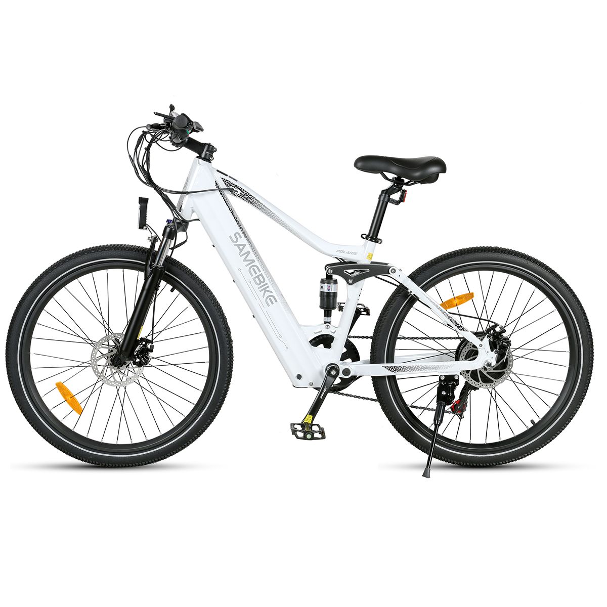 Witte elektrische fiets Samebike XD26-II. Zwarte banden, zadel en stuur. Vering en schijfremmen.