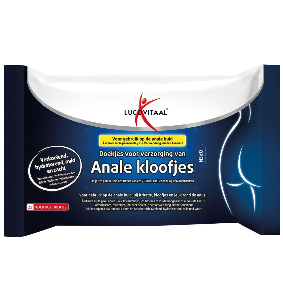 Verpakking "Lucovitaal" doekjes voor anale kloofjes. Blauwe verpakking met productinformatie en illustratie.