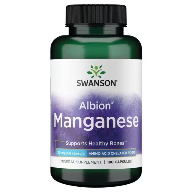 Groene fles met wit etiket. Opschrift: SWANSON Albion Mangan 40 mg. 180 capsules. Mineralensupplement.