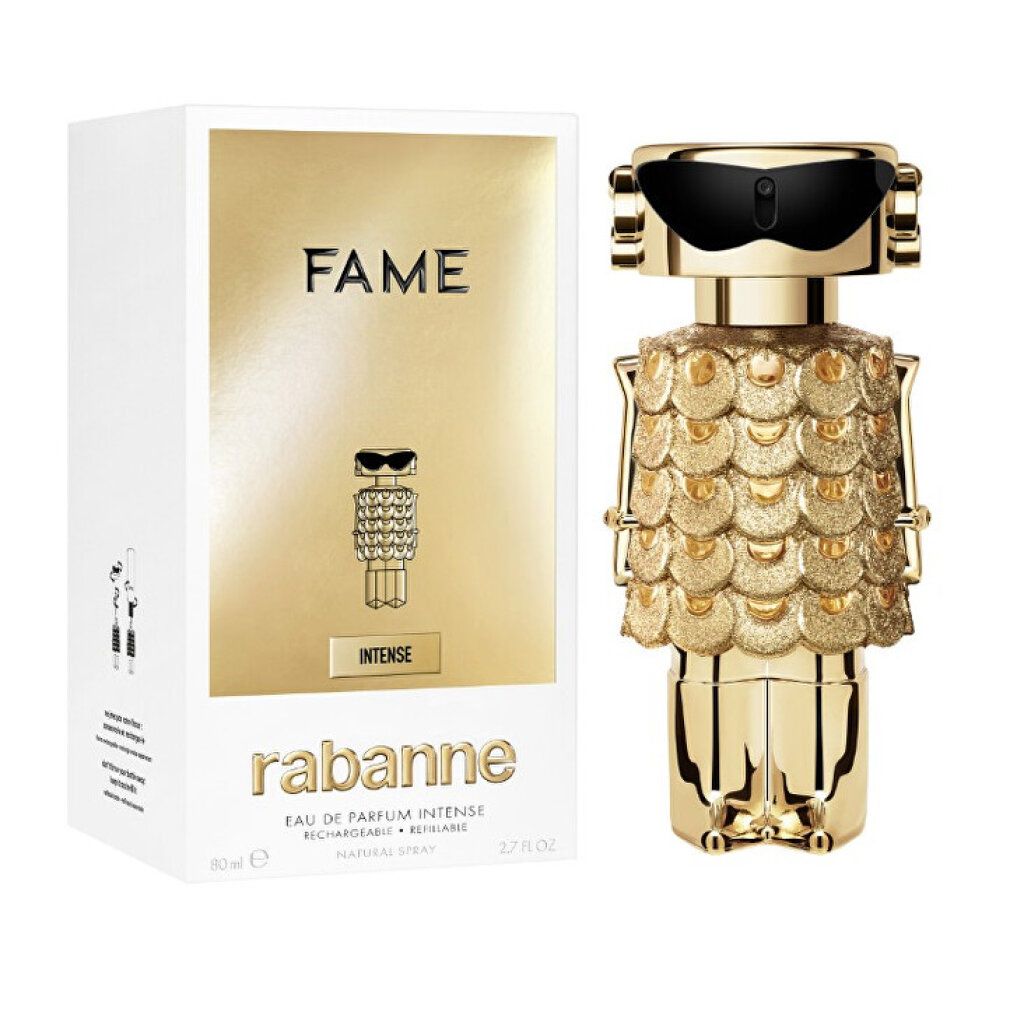 Gouden fles en verpakking. Fles in robotvorm, gouden schubben. Verpakking met logo en tekst.