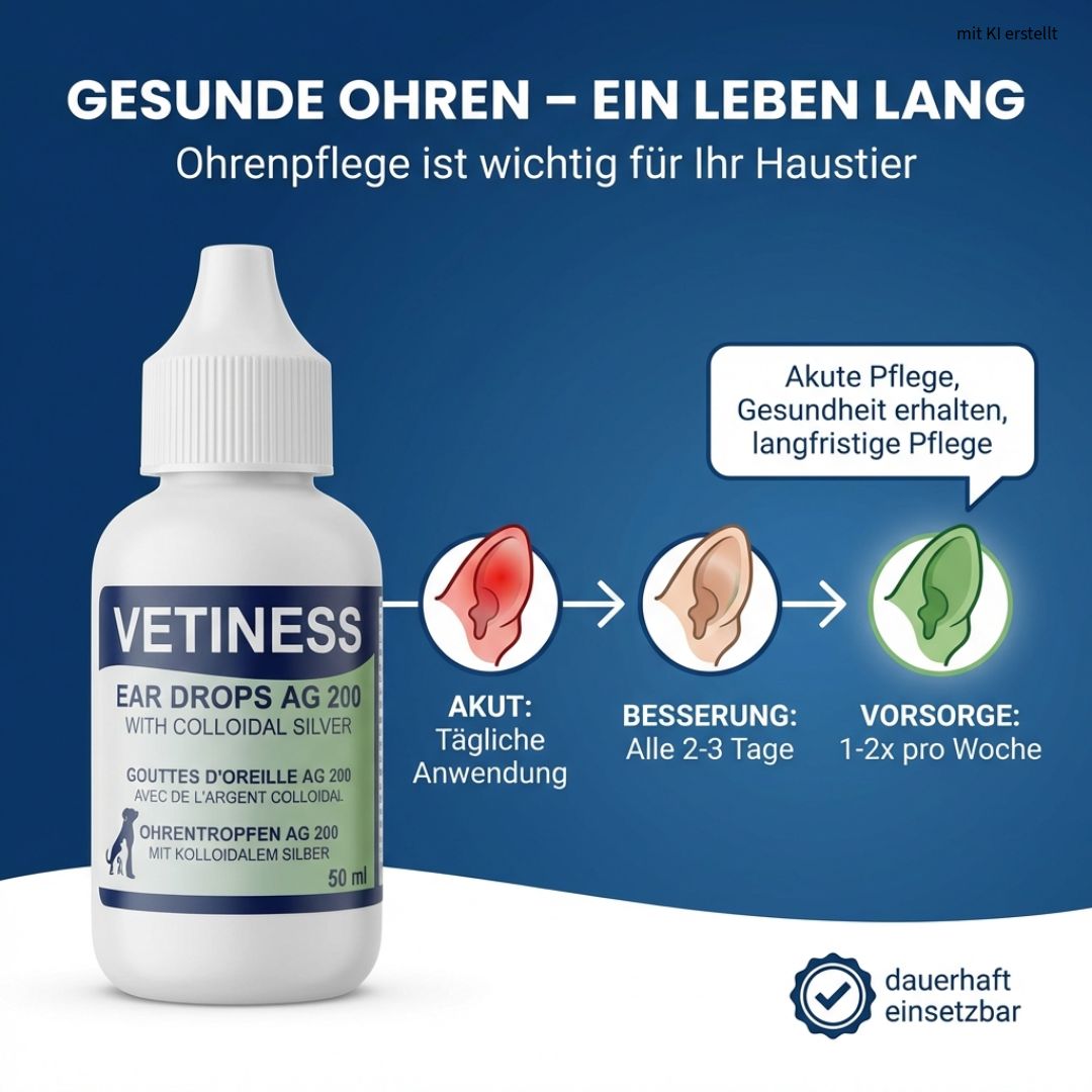 Flacon avec étiquette bleue et verte. Texte: Vetiness Ear Drops AG 200 with colloidal silver. Des oreilles saines - toute une vie.