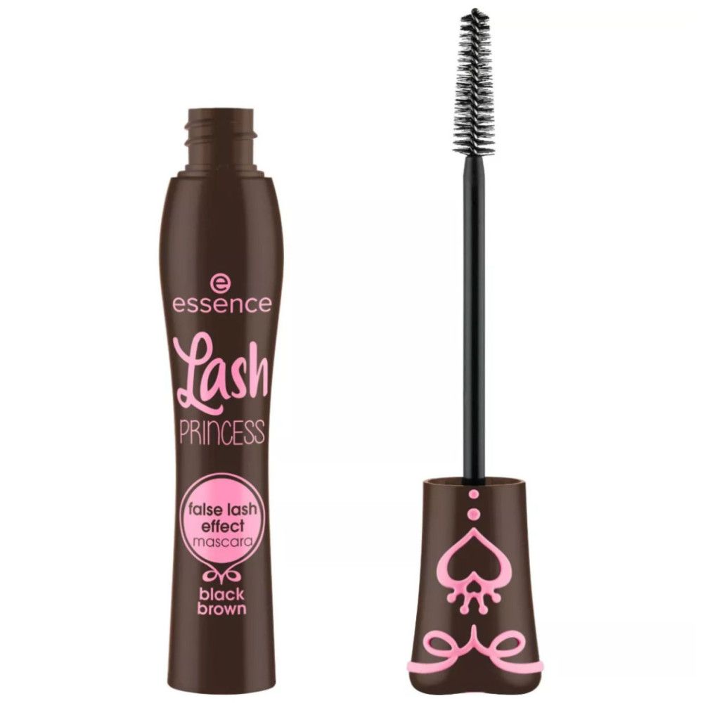 Mascara tube en borstel. Opschrift: Essence Lash Princess. Kleur: Black Brown. Roze accenten.