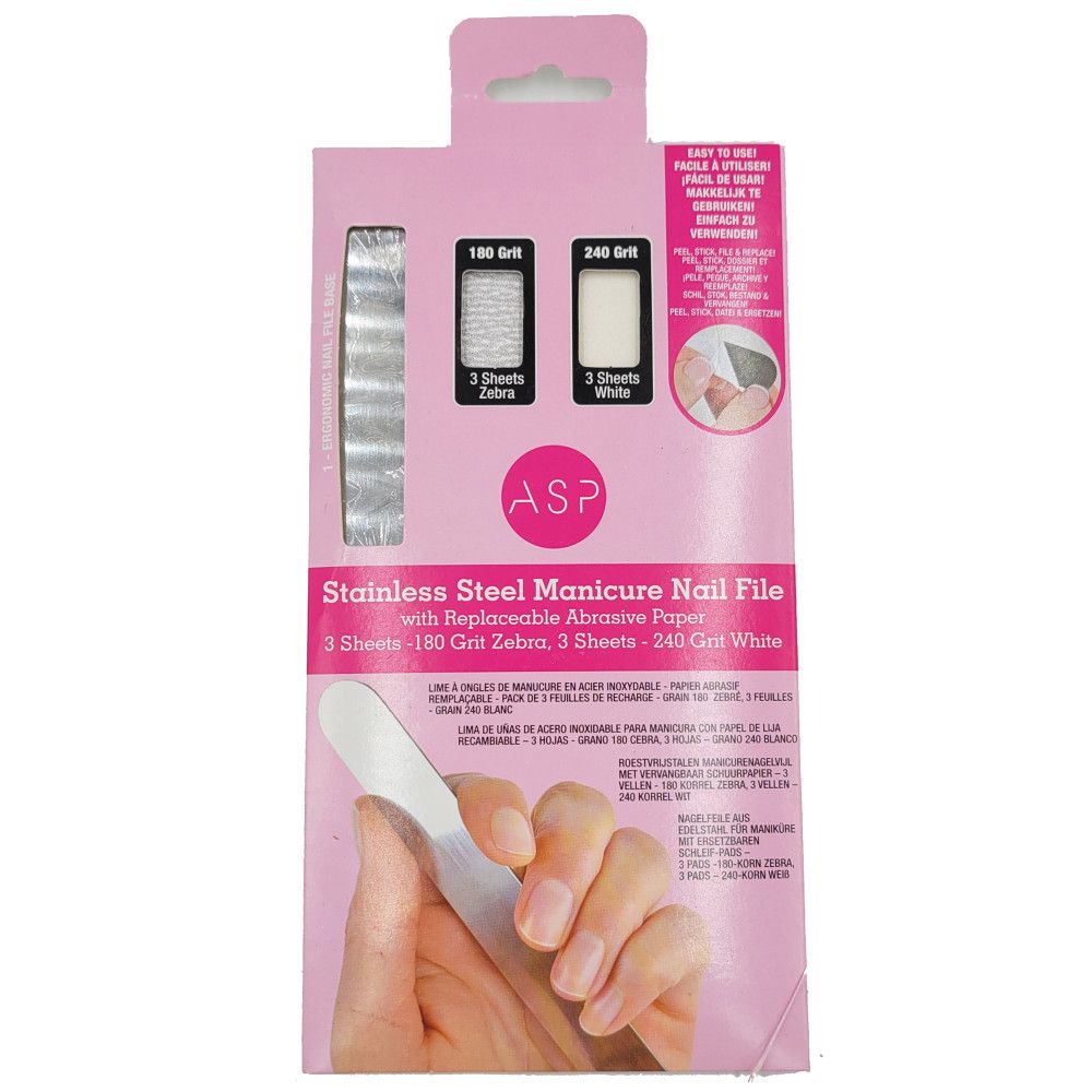 Manicure kit met vervangbare vijl. Bevat 3 vijlen met korrel 180 en 3 vijlen met korrel 240. Merk ASP.