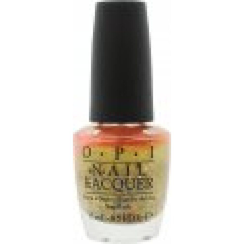 Nagellakfles met zwarte dop. Kleurverloop van geel naar oranje. OPI-logo en tekst 'NAIL LACQUER' zichtbaar.
