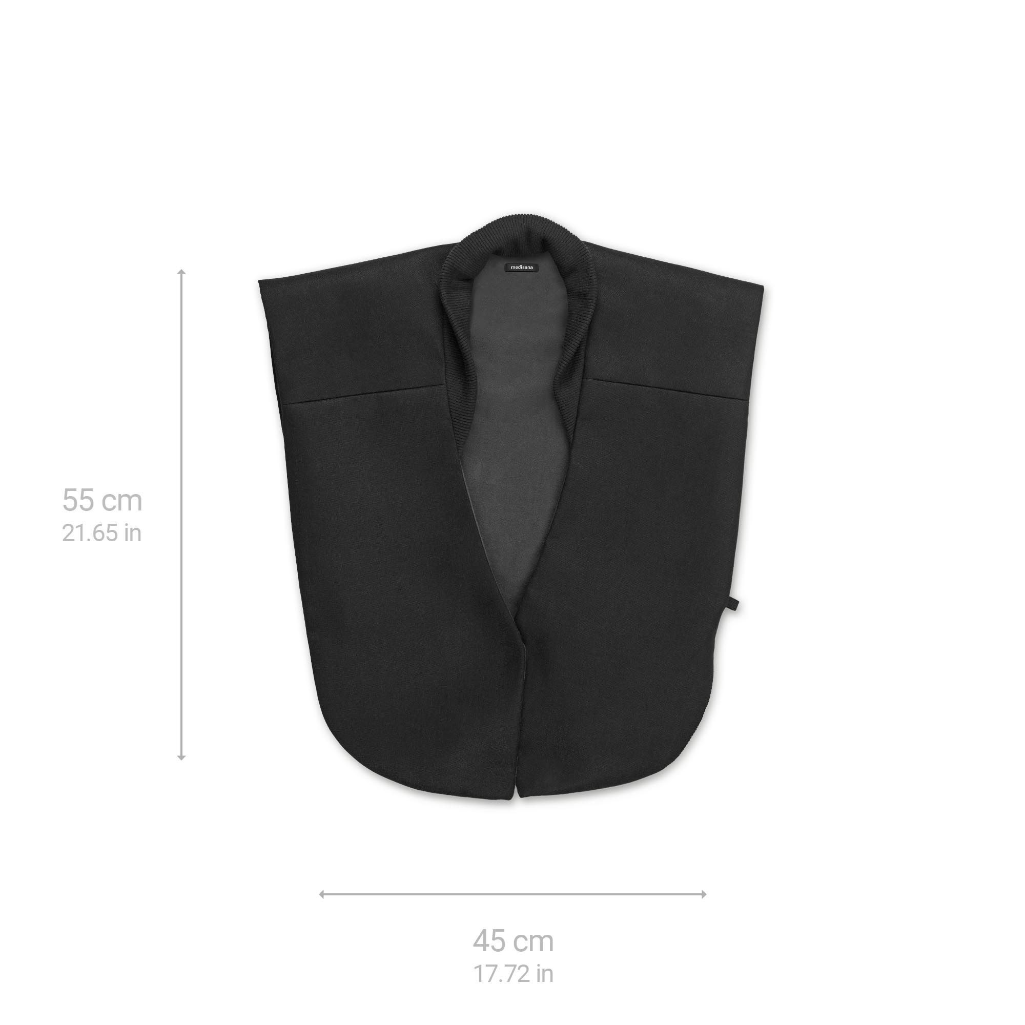 Zwarte warmtecape, 55 cm hoog en 45 cm breed. Met kraag en open ontwerp.