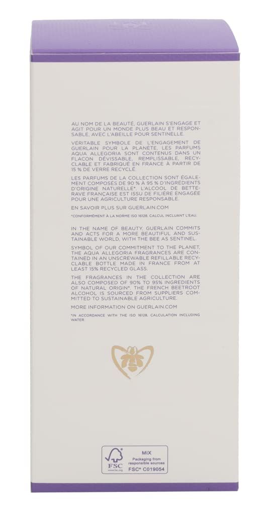 Achterkant van de doos van Guerlain Aqua Allegoria. Tekst in het Frans en Engels, FSC-logo.