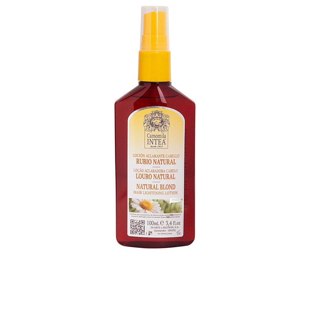 Bruine spuitfles met gele dop, 100ml. Bevat kamille-extract voor het lichter maken van haar.