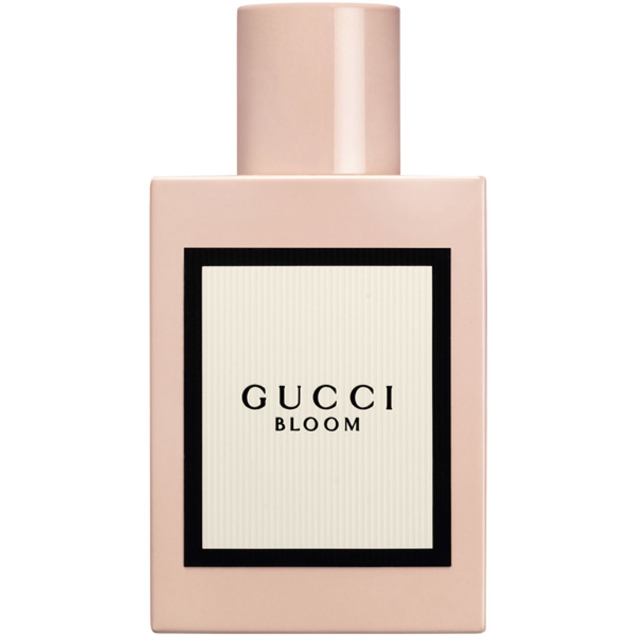 Roze fles met wit etiket en zwarte rand. Op het etiket: Gucci Bloom. Roze dop.