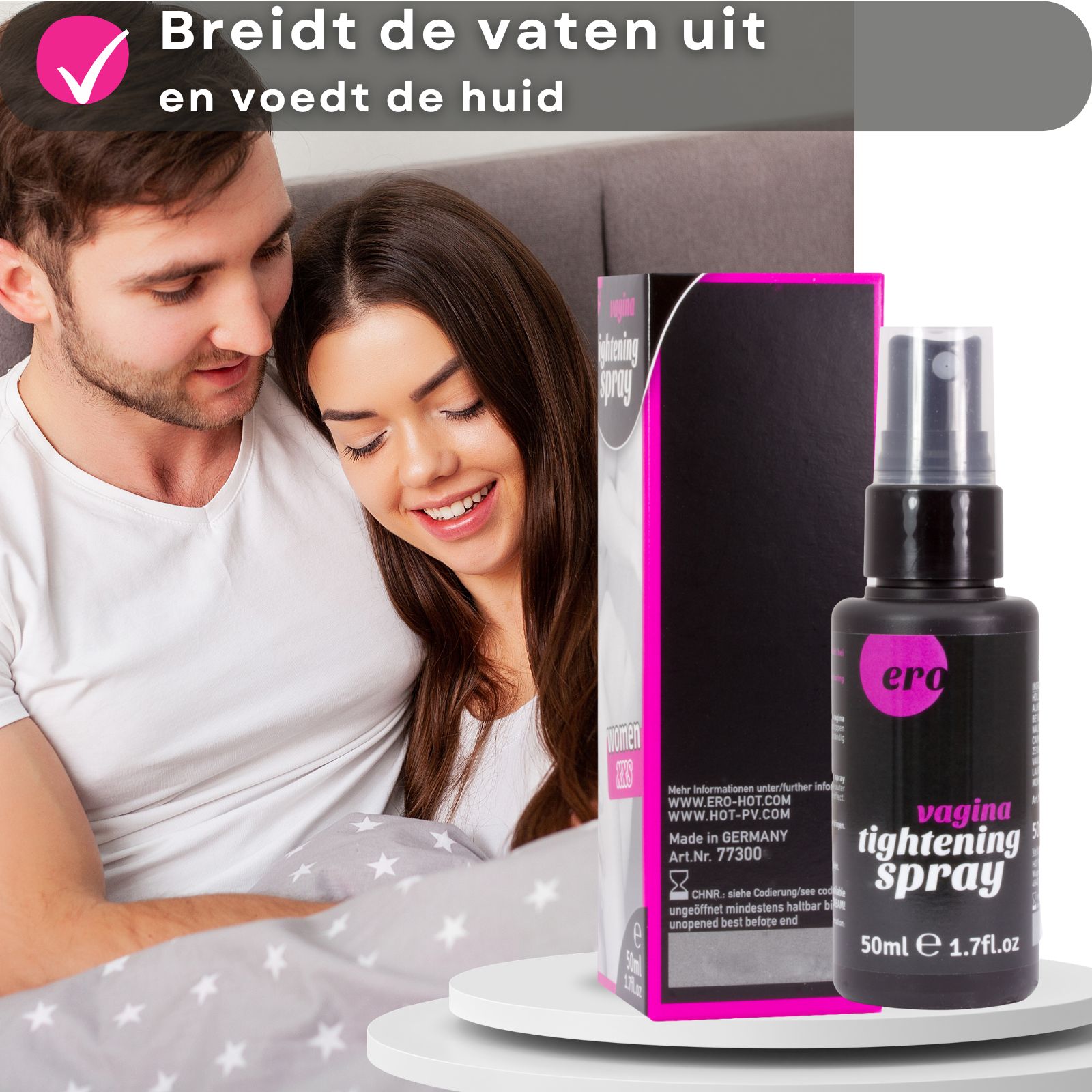 Zwarte sprayfles en verpakking. Koppel omhelst elkaar. Tekst met productvoordelen.