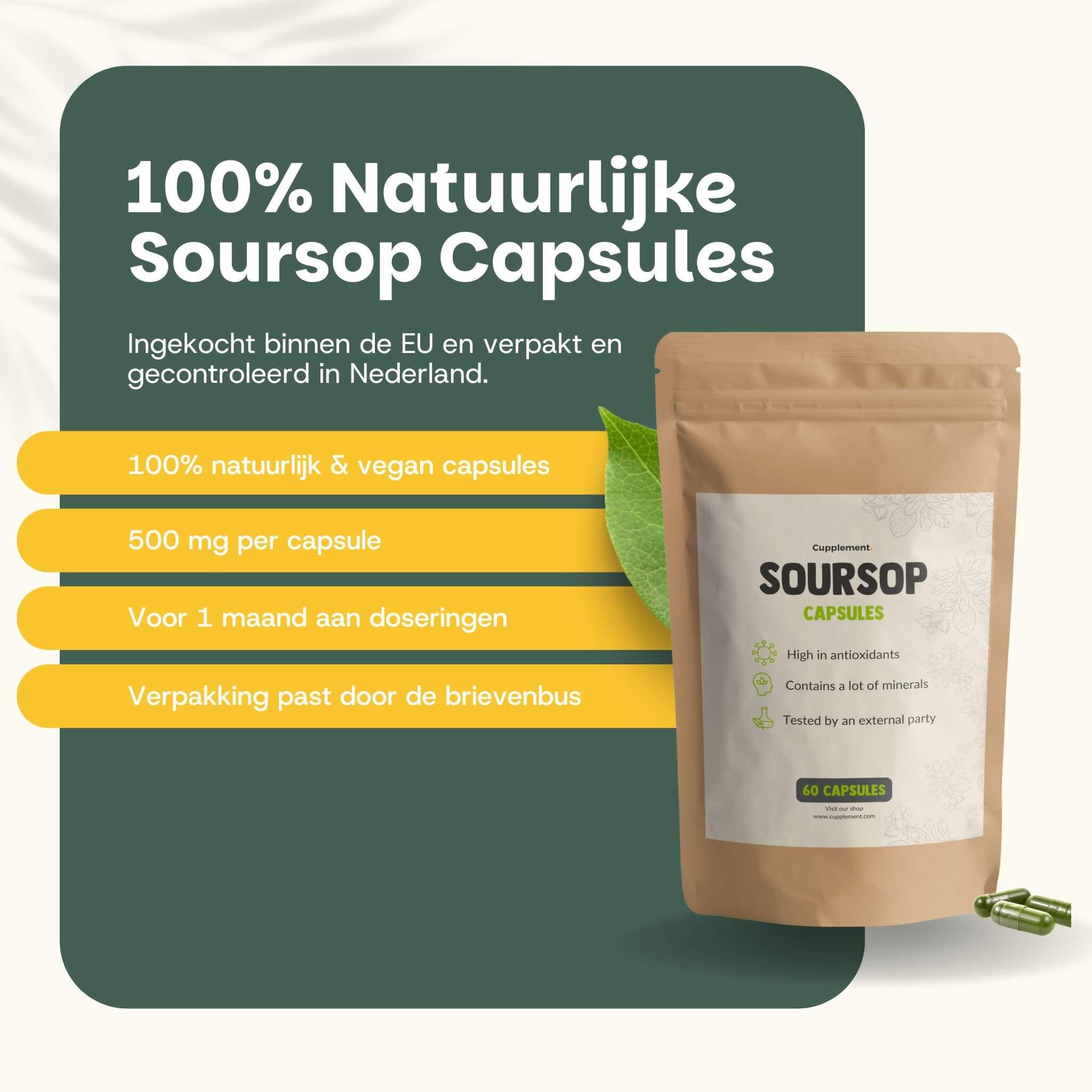 Bruine zakverpakking met wit etiket. Tekst: Soursop Capsules, 60 capsules. 500 mg per capsule. Voor 1 maand doseringen.