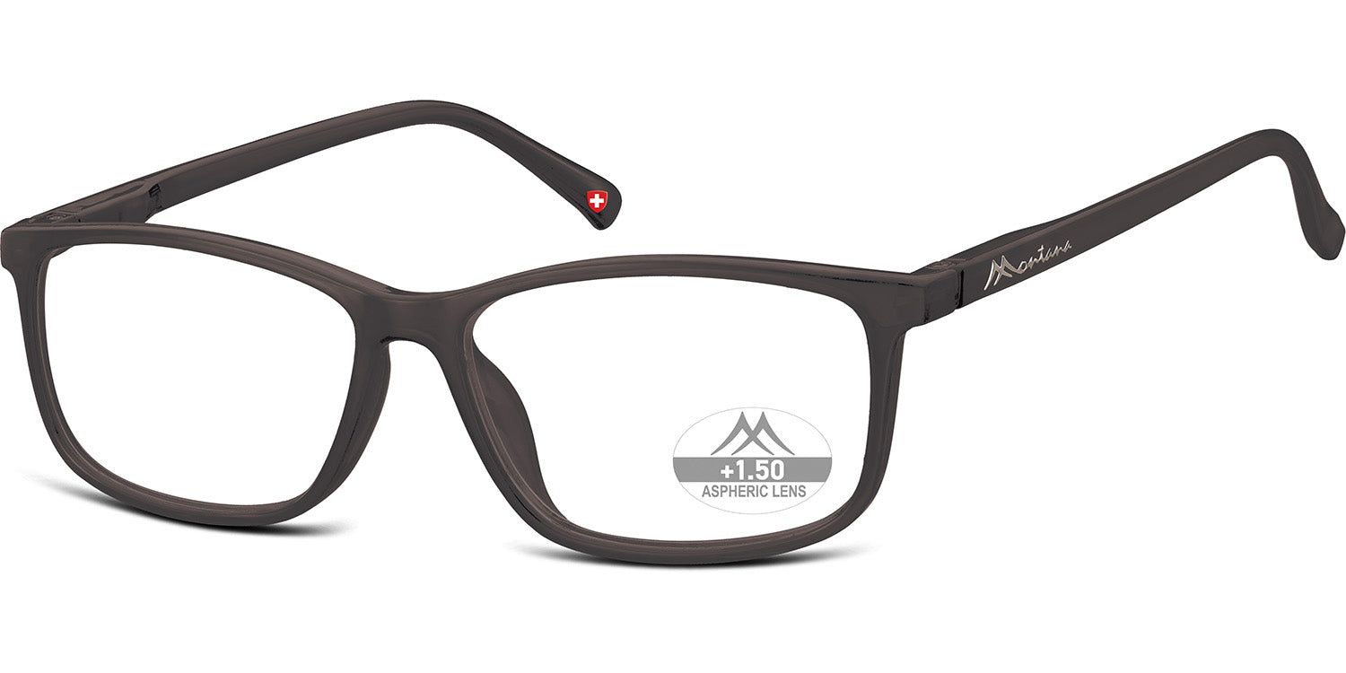 Lunettes marron à monture rectangulaire. Sur le verre : "1.50 Aspheric Lens". Sur la branche : "Montana".
