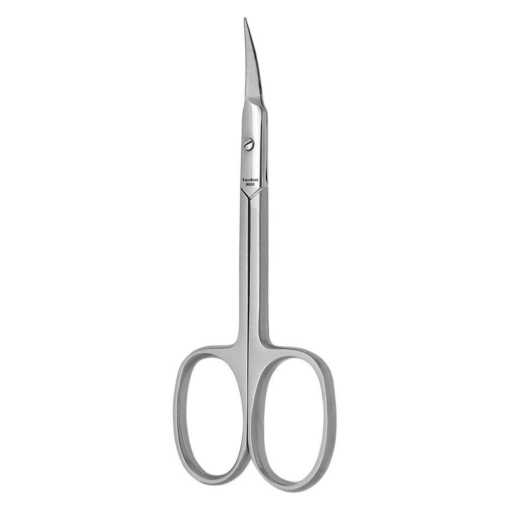 Gebogen, zilverkleurige nagelschaar met afgeronde handgrepen. Roestvrij staal. Kleine tekst op het schaarblad.