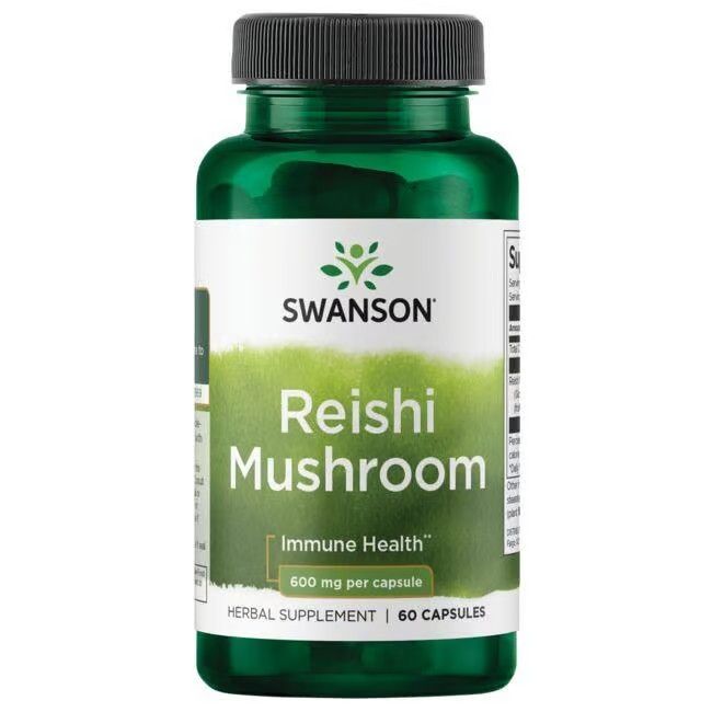 Groene fles met zwarte dop. Label met "SWANSON", "Reishi Mushroom", "600 mg per capsule" en "60 capsules".