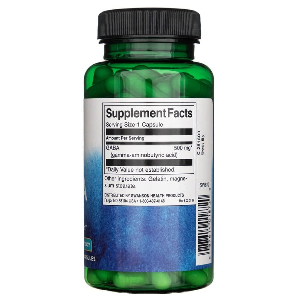 Achterkant van een groene fles met Swanson GABA 500 mg, Supplement Facts.