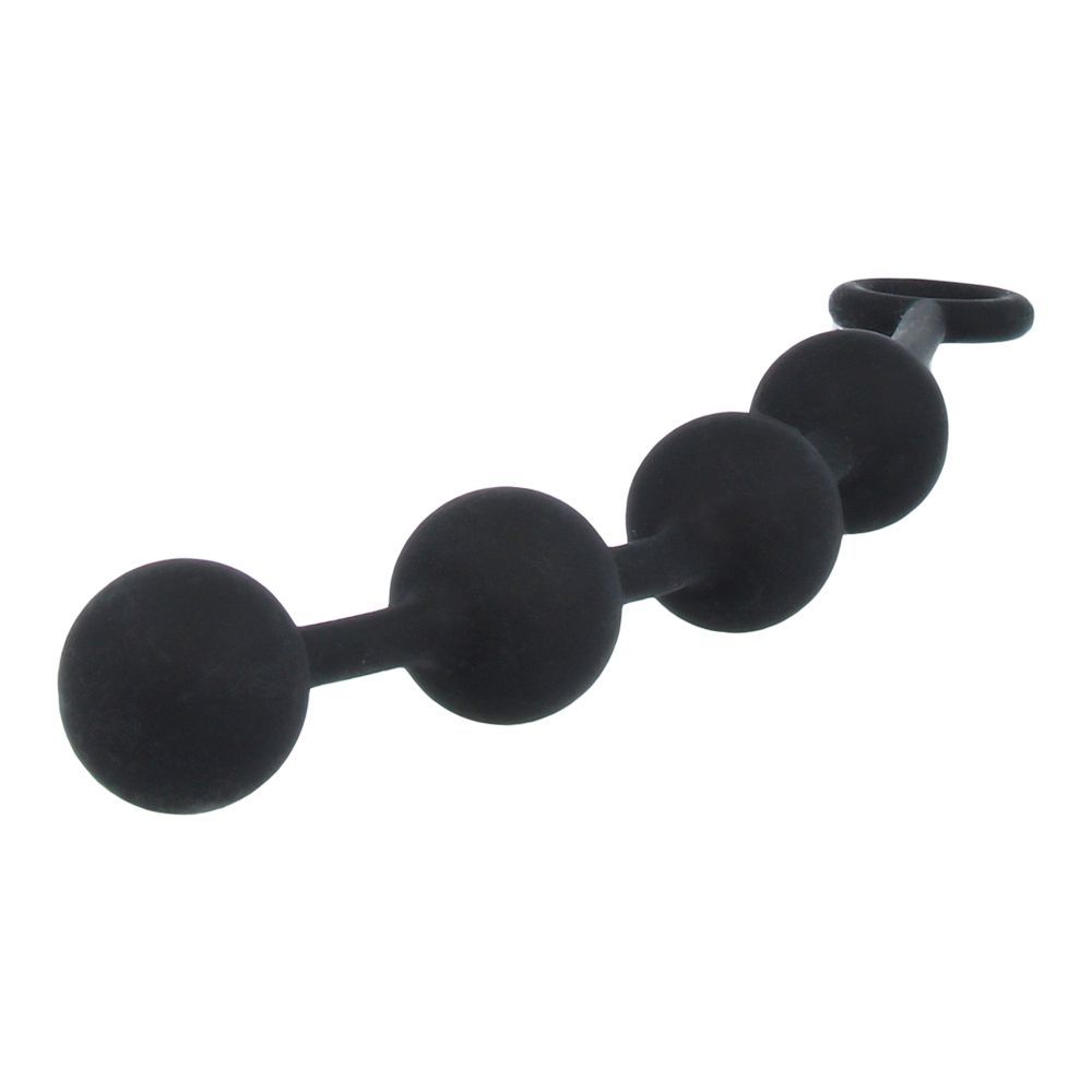Zwart, parelvormig product met vier bollen verbonden door een flexibele steel. Een lus aan het uiteinde.