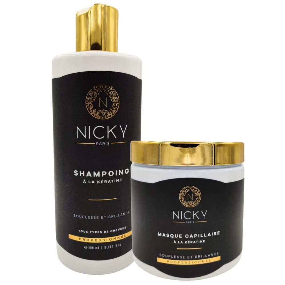 Twee cosmetische producten: shampoo en keratine masker. Zwarte etiketten met gouden deksels. Opschrift: Nicky Paris, shampoo, keratine.