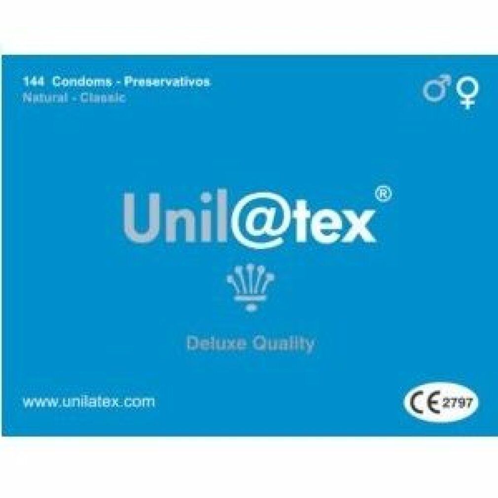 Emballage bleu Unilatex. Inscriptions : 144 préservatifs, Natural Classic, Deluxe Quality, marquage CE, logo.