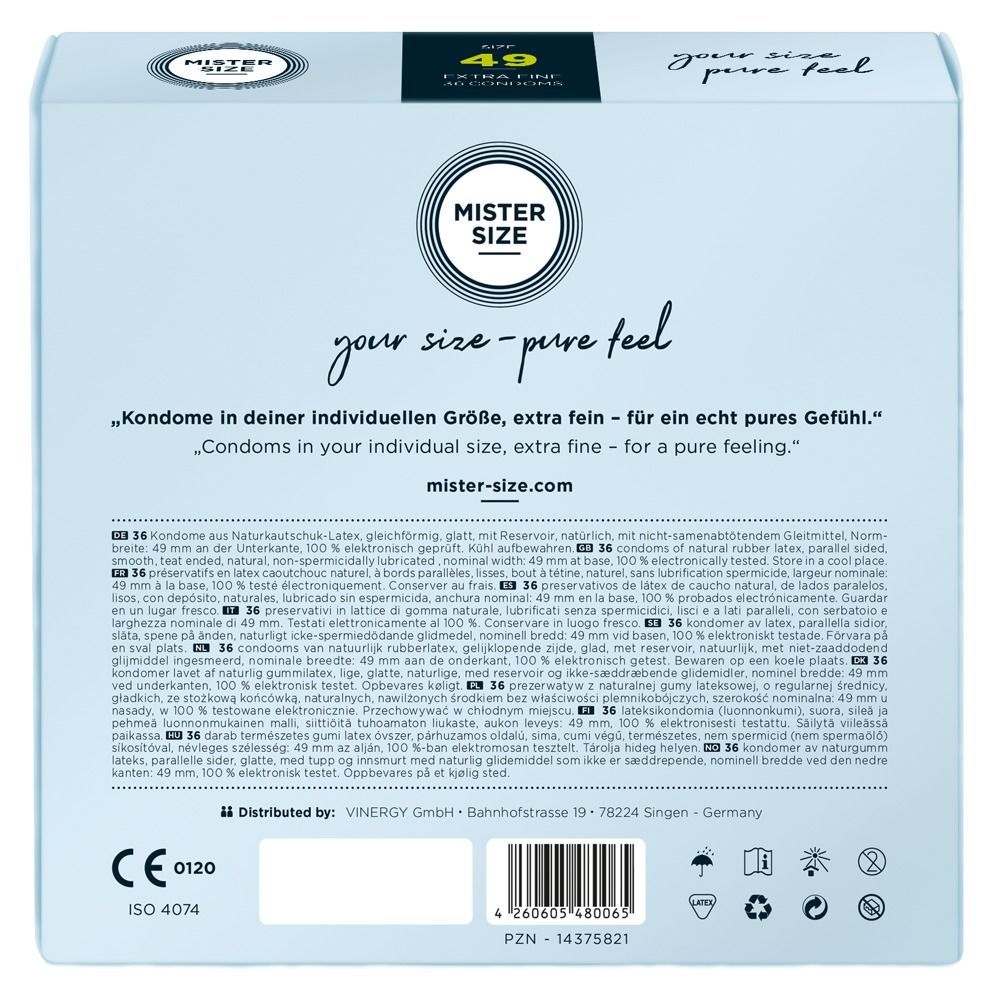 Arrière d'un pack de préservatifs MISTER SIZE 49 avec informations produit et marquage CE.