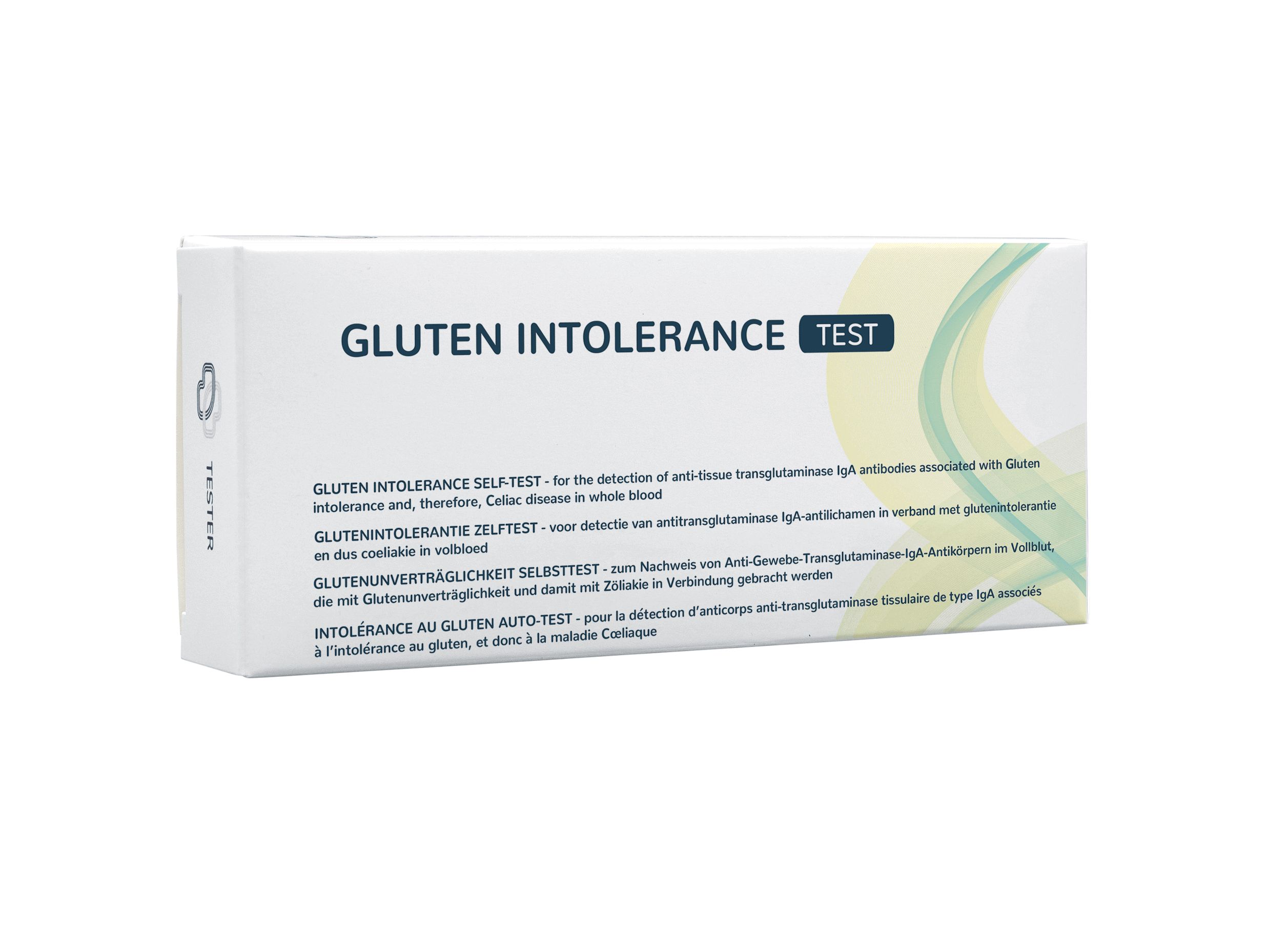 Verpakking van een glutenintolerantietest met meertalige informatie.