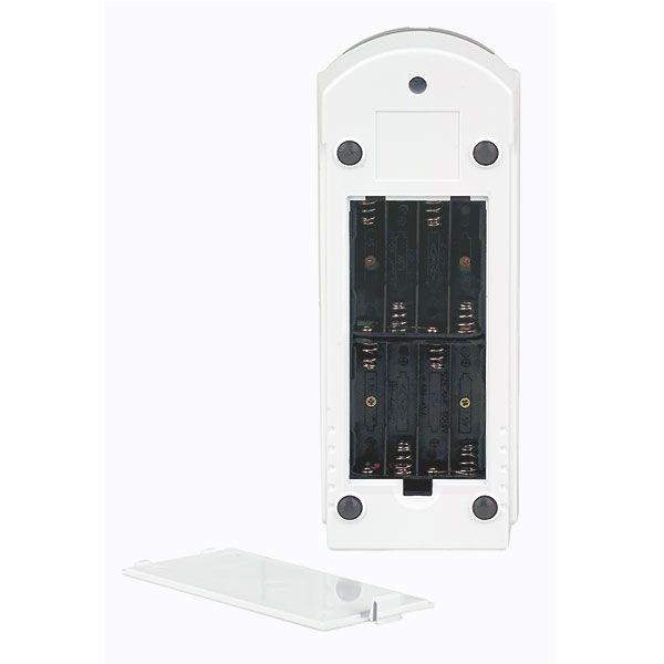 Achterkant van een wit apparaat. Batterijcompartiment met 4 batterijen. Afneembare witte afdekking.