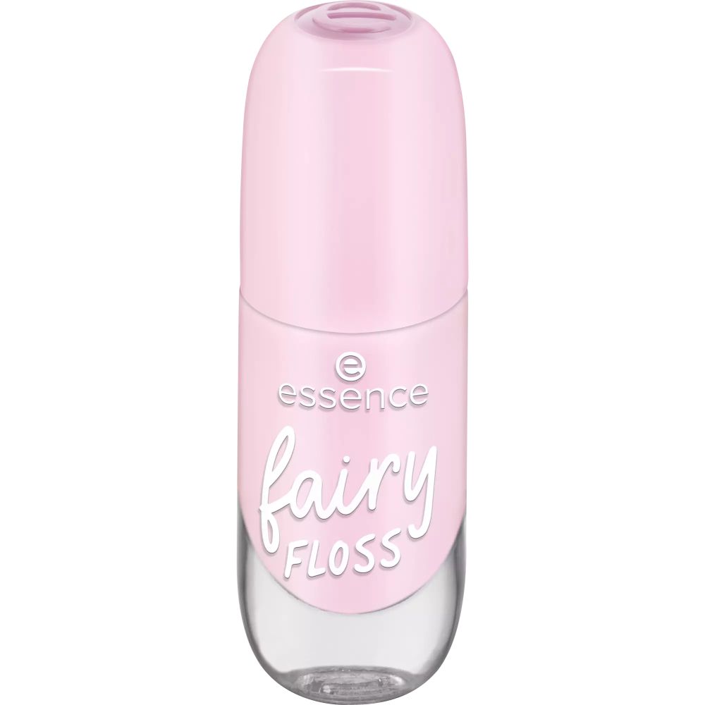 Flacon de vernis à ongles avec bouchon rose. Inscription 'essence fairy FLOSS'.