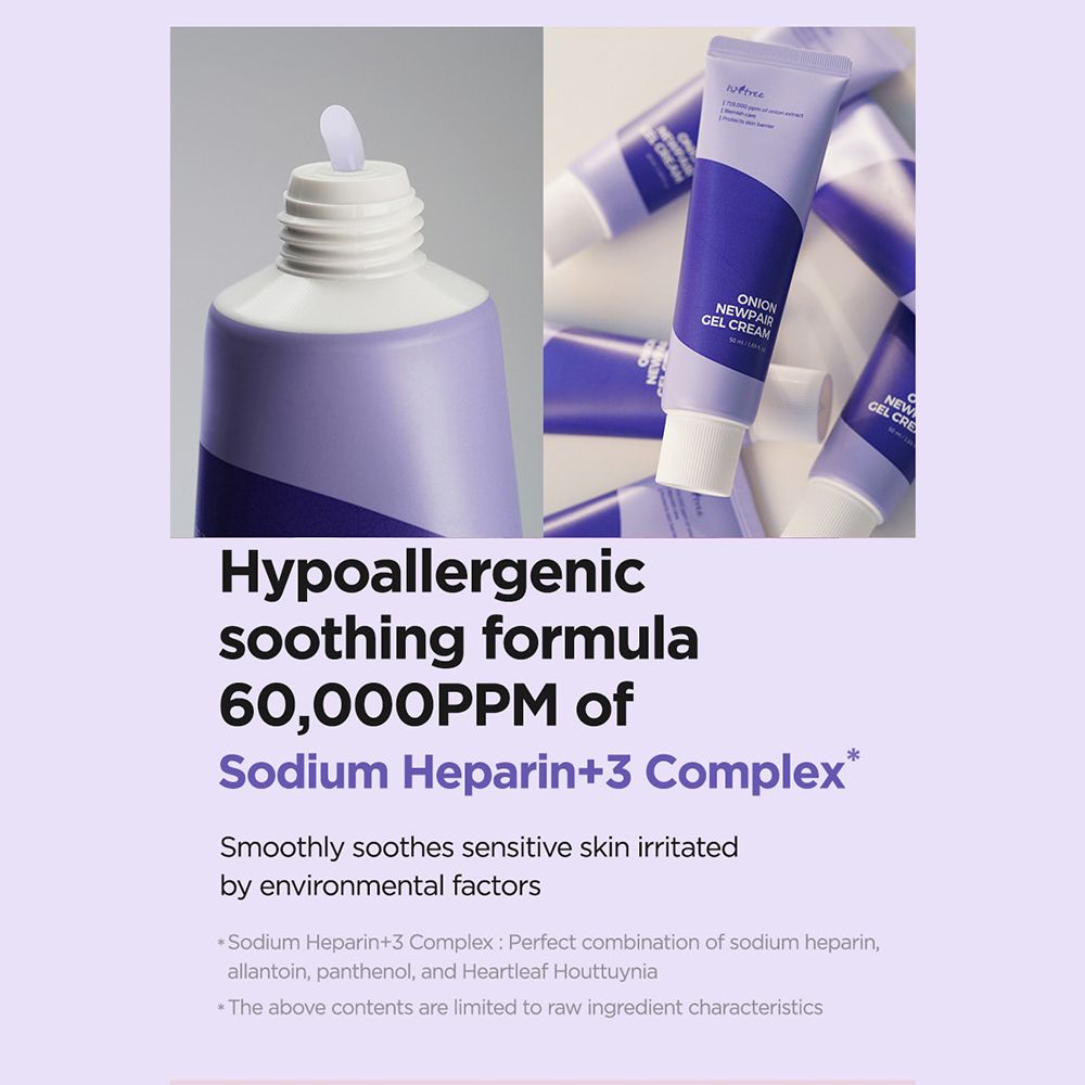 Tube met tekst: ONION NEWPAIR GEL CREAM. Tekst: Hypoallergene verzachtende formule. 60.000 PPM Sodium Heparin+3 Complex.